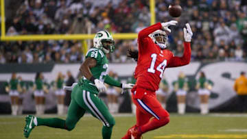 Nov 12, 2015; East Rutherford, NJ, USA; Buffalo Bills wide receiver Sammy Watkins (14) misses a pass defended by New York Jets cornerback Darrelle Revis (24) in the 1st quarter at MetLife Stadium. Mandatory Credit: William Hauser-USA TODAY Sports