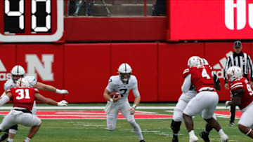 Nov 14, 2020; Lincoln, Nebraska, USA; Penn State Nittany Lions quarterback Will Levis (7) runs against the Nebraska Cornhuskers in the second half at Memorial Stadium. Mandatory Credit: Bruce Thorson-USA TODAY Sports