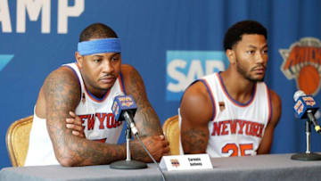 Sep 26, 2016; White Plains, NY, USA; New York Knicks forward Carmelo Anthony (left) addresses the media as point guard Derrick Rose looks on during the New York Knicks Media Day at Ritz-Carlton. Mandatory Credit: Andy Marlin-USA TODAY Sports