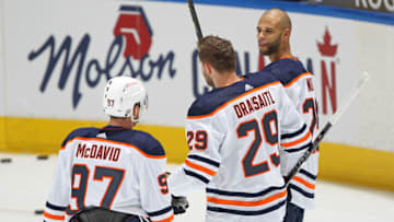 Edmonton Oilers, Leon Draisaitl #29, Connor McDavid #97, Darnell Nurse #25 (Photo by Claus Andersen/Getty Images)
