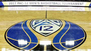 LAS VEGAS, NV - MARCH 08: A Pac-12 basketball logo is displayed on the court before a first-round game of the Pac-12 Basketball Tournament between the Stanford Cardinal and the Arizona State Sun Devils at T-Mobile Arena on March 8, 2017 in Las Vegas, Nevada. (Photo by Ethan Miller/Getty Images)