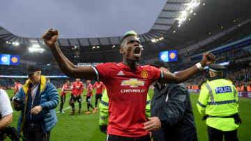 MANCHESTER, ENGLAND - APRIL 07: Paul Pogba of Manchester United celebrates victory after the Premier League match between Manchester City and Manchester United at Etihad Stadium on April 7, 2018 in Manchester, England. (Photo by Michael Regan/Getty Images)