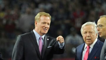 HOUSTON, TX - FEBRUARY 05: NFL Commissioner Roger Goodell prior to presenting the Vince Lombardi Trophy to Robert Kraft owner of the New England Patriots after the Patriots defeat the Atlanta Falcons 34-28 in overtime of Super Bowl 51 at NRG Stadium on February 5, 2017 in Houston, Texas. (Photo by Focus on Sport/Getty Images)