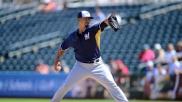 Mar 21, 2015; Surprise, AZ, USA; Milwaukee Brewers starting pitcher Kyle Lohse (26) pitches at Surprise Stadium. Mandatory Credit: Joe Camporeale-USA TODAY Sports