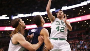 Nov 18, 2015; Boston, MA, USA; Boston Celtics forward David Lee (42) shoots against the Dallas Mavericks in the second half at TD Garden. Dallas defeated the Celtics 106-102. Mandatory Credit: David Butler II-USA TODAY Sports
