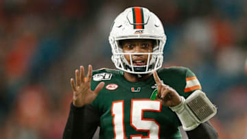 MIAMI, FLORIDA - NOVEMBER 09: Jarren Williams #15 of the Miami Hurricanes reacts after throwing his sixth touchdown of the game against the Louisville Cardinals during the second half at Hard Rock Stadium on November 09, 2019 in Miami, Florida. (Photo by Michael Reaves/Getty Images)