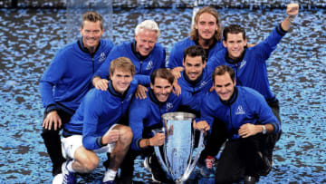 GENEVA, SWITZERLAND - SEPTEMBER 22: Team Europe pose with the trophy after winning the Laver Cup in the final match of the tournament during Day Three of the Laver Cup 2019 at Palexpo on September 22, 2019 in Geneva, Switzerland. The Laver Cup will see six players from the rest of the World competing against their counterparts from Europe. Team World is captained by John McEnroe and Team Europe is captained by Bjorn Borg. The tournament runs from September 20-22. (Photo by Alex Burstow/Getty Images)