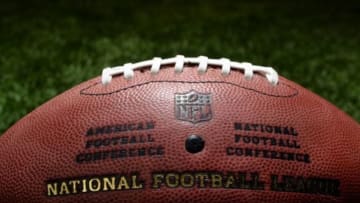 Jan 24, 2015; Mobile, AL, USA; An official NFL "The Duke" football made by Wilson photographed on the field following the Senior Bowl at Ladd-Peebles Stadium. Mandatory Credit: John David Mercer-USA TODAY Sports