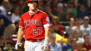 BOSTON, MA - JUNE 28: Mike Trout #27 of the Los Angeles Angels reacts after striking out in the ninth inning of a game against the Boston Red Sox at Fenway Park on June 28, 2018 in Boston, Massachusetts. (Photo by Adam Glanzman/Getty Images)