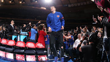 NEW YORK, NY - MARCH 27: Kristaps Porzingis #6 of the New York Knicks enters the arena before a game against the Detroit Pistons on March 27, 2017 at Madison Square Garden in New York City, New York. Copyright 2017 NBAE (Photo by Nathaniel S. Butler/NBAE via Getty Images)