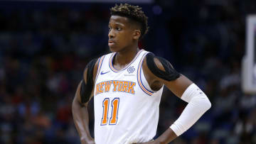 NEW ORLEANS, LA - NOVEMBER 16: Frank Ntilikina #11 of the New York Knicks reacts during a game against the New Orleans Pelicans at the Smoothie King Center on November 16, 2018 in New Orleans, Louisiana. NOTE TO USER: User expressly acknowledges and agrees that, by downloading and or using this photograph, User is consenting to the terms and conditions of the Getty Images License Agreement. (Photo by Jonathan Bachman/Getty Images)