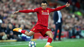 LIVERPOOL, ENGLAND - OCTOBER 02: Trent Alexander-Arnold of Liverpool runs with the ball during the UEFA Champions League group E match between Liverpool FC and RB Salzburg at Anfield on October 02, 2019 in Liverpool, United Kingdom. (Photo by Clive Brunskill/Getty Images)