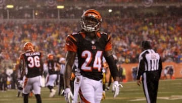 Jan 9, 2016; Cincinnati, OH, USA; Cincinnati Bengals cornerback Adam Jones (24) reacts during the second quarter against the Pittsburgh Steelers in the AFC Wild Card playoff football game at Paul Brown Stadium. Mandatory Credit: Aaron Doster-USA TODAY Sports