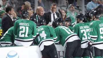 DALLAS, TX - DECEMBER 31: Head coach Lindy Ruff of the Dallas Stars discusses strategy during a timeout against the Los Angeles Kings at the American Airlines Center on December 31, 2013 in Dallas, Texas. (Photo by Glenn James/NHLI via Getty Images)