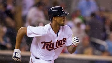 Sep 6, 2016; Minneapolis, MN, USA; Minnesota Twins outfielder Byron Buxton (25) runs to first in the fourth inning against the Kansas City Royals at Target Field. The Kansas City Royals beat the Minnesota Twins 10-3. Mandatory Credit: Brad Rempel-USA TODAY Sports