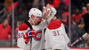 WASHINGTON, DC - NOVEMBER 15: Carey Price #31 and Artturi Lehkonen #62 of the Montreal Canadiens celebrate after defeating the Washington Capitals 5-2 at Capital One Arena on November 15, 2019 in Washington, DC. (Photo by Patrick McDermott/NHLI via Getty Images)