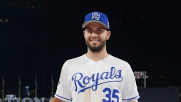 Jul 12, 2016; San Diego, CA, USA; American League infielder Eric Hosmer (35) of the Kansas City Royals holds the MVP trophy after the 2016 MLB All Star Game at Petco Park. Mandatory Credit: Kirby Lee-USA TODAY Sports