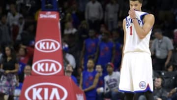 Nov 19, 2014; Philadelphia, PA, USA; Philadelphia 76ers guard Michael Carter-Williams (1) reacts during the final second of the game against the Boston Celtics at Wells Fargo Center. The Celtics won101-90. Mandatory Credit: Eric Hartline-USA TODAY Sports