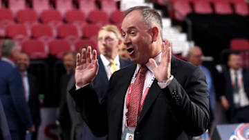 MONTREAL, QUEBEC - JULY 08: General Manager Pierre Dorion of the Ottawa Senators looks on prior to Round Two of the 2022 Upper Deck NHL Draft at Bell Centre on July 08, 2022 in Montreal, Quebec, Canada. (Photo by Bruce Bennett/Getty Images)