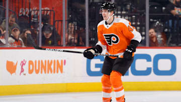PHILADELPHIA, PENNSYLVANIA - APRIL 05: Ronnie Attard #47 of the Philadelphia Flyers looks on against the Columbus Blue Jackets at Wells Fargo Center on April 05, 2022 in Philadelphia, Pennsylvania. (Photo by Tim Nwachukwu/Getty Images)