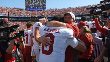 Oklahoma coach Brent Venables celebrates with Oklahoma Sooners quarterback Dillon Gabriel (8) after the Red River Rivalry college football game between the University of Oklahoma Sooners (OU) and the University of Texas (UT) Longhorns at the Cotton Bowl in Dallas, Saturday, Oct. 7, 2023. Oklahoma won 34-30.
