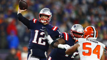 FOXBOROUGH, MASSACHUSETTS - OCTOBER 27: Tom Brady #12 of the New England Patriots looks to pass during the third quarter of the game against the Cleveland Browns at Gillette Stadium on October 27, 2019 in Foxborough, Massachusetts. (Photo by Omar Rawlings/Getty Images)