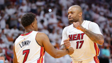 Kyle Lowry #7 and P.J. Tucker #17 of the Miami Heat react prior to Game One of the Eastern Conference First Round (Photo by Michael Reaves/Getty Images)