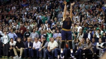 Apr 23, 2015; Boston, MA, USA; Cleveland Cavaliers forward Kevin Love (0) shoots for three points against the Boston Celtics during the second half in game three of the first round of the NBA Playoffs at TD Garden. The Cavaliers defeated the Celtics 103-95. Mandatory Credit: David Butler II-USA TODAY Sports