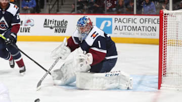 DENVER, CO - JANUARY 21: Goaltender Semyon Varlamov #1 of the Colorado Avalanche eyes a loose puck against the Nashville Predators at the Pepsi Center on January 21, 2019 in Denver, Colorado. (Photo by Michael Martin/NHLI via Getty Images)