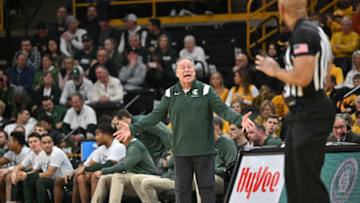 Feb 25, 2023; Iowa City, Iowa, USA; Michigan State Spartans head coach Tom Izzo reacts with an official during the first half against the Iowa Hawkeyes at Carver-Hawkeye Arena. Mandatory Credit: Jeffrey Becker-USA TODAY Sports