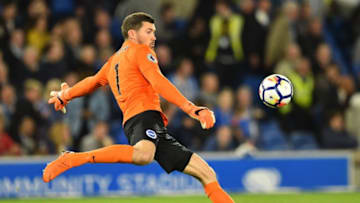Brighton's Australian goalkeeper Mathew Ryan kicks the ball out during the English Premier League football match between Brighton and Hove Albion and Manchester United at the American Express Community Stadium in Brighton, southern England on May 4, 2018. (Photo by Glyn KIRK / AFP) / RESTRICTED TO EDITORIAL USE. No use with unauthorized audio, video, data, fixture lists, club/league logos or 'live' services. Online in-match use limited to 75 images, no video emulation. No use in betting, games or single club/league/player publications. / (Photo credit should read GLYN KIRK/AFP/Getty Images)
