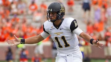 Sep 12, 2015; Clemson, SC, USA; Appalachian State Mountaineers quarterback Taylor Lamb (11) reacts after a fumble during the second half against the Clemson Tigers at Clemson Memorial Stadium. Mandatory Credit: Joshua S. Kelly-USA TODAY Sports