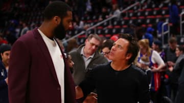 Detroit Pistons owner Tom Gores talks with Andre Drummond. (Photo by Gregory Shamus/Getty Images)