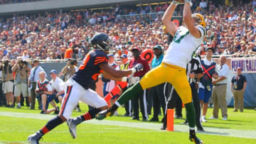 Sep 28, 2014; Chicago, IL, USA; Green Bay Packers wide receiver Jordy Nelson (87) catches a touchdown pass over Chicago Bears cornerback Kyle Fuller (23) during the second quarter at Soldier Field. Mandatory Credit: Dennis Wierzbicki-USA TODAY Sports