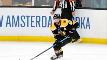 BOSTON, MA - MAY 12: Boston Bruins center David Krejci (46) turns up ice during Game 2 of the Stanley Cup Playoffs Eastern Conference Finals between the Boston Bruins and the Carolina Hurricanes on May 12, 2019, at TD Garden in Boston, Massachusetts. (Photo by Fred Kfoury III/Icon Sportswire via Getty Images)
