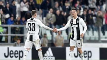 TURIN, ITALY - MAY 03: Cristiano Ronaldo of Juventus celebrates his goal of 1-1 with teammate Federico Bernardeschi during the Serie A match between Juventus and Torino FC on May 3, 2019 in Turin, Italy. (Photo by Giorgio Perottino - Juventus FC/Juventus FC via Getty Images)