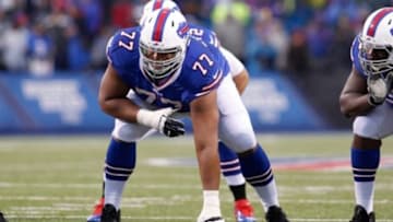 Dec 27, 2015; Orchard Park, NY, USA; Buffalo Bills tackle Cordy Glenn (77) against the Dallas Cowboys at Ralph Wilson Stadium. Buffalo beats Dallas 16 to 6. Mandatory Credit: Timothy T. Ludwig-USA TODAY Sports