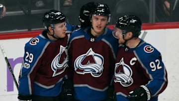 DENVER, CO - NOVEMBER 2: Colorado Avalanche center Nathan MacKinnon (29) and left wing Gabriel Landeskog (92) congratulates Colorado Avalanche right wing Mikko Rantanen (96) on his goal in the second period against the Carolina Hurricanes on November 2, 2017 in Denver, Colorado at Pepsi Center. (Photo by John Leyba/The Denver Post via Getty Images)