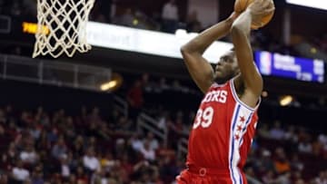 Nov 27, 2015; Houston, TX, USA; Philadelphia 76ers small forward Jerami Grant (39) dunks the ball against the Houston Rockets during the second half at Toyota Center. Mandatory Credit: Soobum Im-USA TODAY Sports