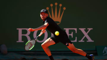 MONTE-CARLO, MONACO - APRIL 15: David Goffin of Belgium runs to play a forehand against Guido Andreozzi of Argentina in their first round match during day two of the Rolex Monte-Carlo Masters at Monte-Carlo Country Club on April 15, 2019 in Monte-Carlo, Monaco. (Photo by Clive Brunskill/Getty Images)