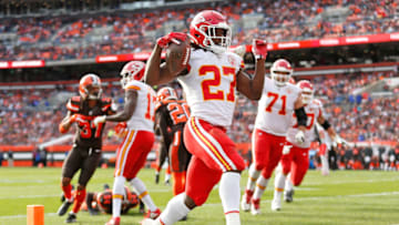 CLEVELAND, OH - NOVEMBER 04: Kareem Hunt #27 of the Kansas City Chiefs scores a touchdown during the third quarter against the Cleveland Browns at FirstEnergy Stadium on November 4, 2018 in Cleveland, Ohio. (Photo by Kirk Irwin/Getty Images)