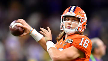 NEW ORLEANS, LOUISIANA - JANUARY 13: Trevor Lawrence #16 of the Clemson Tigers warms up before the College Football Playoff National Championship game against the LSU Tigers at the Mercedes Benz Superdome on January 13, 2020 in New Orleans, Louisiana. The LSU Tigers topped the Clemson Tigers, 42-25. (Photo by Alika Jenner/Getty Images)