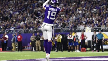 MINNEAPOLIS, MN - OCTOBER 28: Adam Thielen #19 of the Minnesota Vikings catches the ball in the end zone for a touchdown in the fourth quarter of the game against the New Orleans Saints at U.S. Bank Stadium on October 28, 2018 in Minneapolis, Minnesota. (Photo by Hannah Foslien/Getty Images)