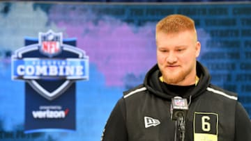 INDIANAPOLIS, INDIANA - FEBRUARY 26: Tyler Biadasz #OL06 of the Wisconsin interviews during the second day of the 2020 NFL Scouting Combine at Lucas Oil Stadium on February 26, 2020 in Indianapolis, Indiana. (Photo by Alika Jenner/Getty Images)
