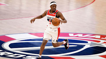 WASHINGTON, DC - FEBRUARY 02: Cassius Winston #5 of the Washington Wizards dribbles against the Portland Trail Blazers during the second half at Capital One Arena on February 02, 2021 in Washington, DC. NOTE TO USER: User expressly acknowledges and agrees that, by downloading and or using this photograph, User is consenting to the terms and conditions of the Getty Images License Agreement. (Photo by Will Newton/Getty Images)