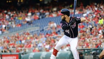 Aug 28, 2015; Washington, DC, USA; Washington Nationals center fielder Bryce Harper (34) at bat against the Miami Marlins during the first inning at Nationals Park. Mandatory Credit: Brad Mills-USA TODAY Sports