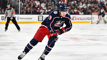 COLUMBUS, OH - APRIL 23: Artemi Panarin #9 of the Columbus Blue Jackets skates against the Washington Capitals in Game Six of the Eastern Conference First Round during the 2018 NHL Stanley Cup Playoffs on April 23, 2018 at Nationwide Arena in Columbus, Ohio. (Photo by Jamie Sabau/NHLI via Getty Images) *** Local Caption *** Artemi Panarin