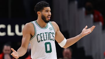 ATLANTA, GEORGIA - NOVEMBER 17: Jayson Tatum #0 of the Boston Celtics reacts after being charged with a foul against the Atlanta Hawks during the second half at State Farm Arena on November 17, 2021 in Atlanta, Georgia. NOTE TO USER: User expressly acknowledges and agrees that, by downloading and or using this photograph, User is consenting to the terms and conditions of the Getty Images License Agreement. (Photo by Kevin C. Cox/Getty Images)