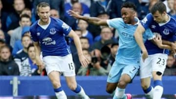 "Raheem Sterling battling with Everton's Seamus Coleman in last week's 2-0 win at Goodison Park". (Credit to Manchester City Facebook Page).
