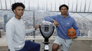 NEW YORK, NEW YORK - JUNE 20: (L-R) NBA Draft prospects, Amen Thompson and Ausar Thompson, aka The Thompson Twins, visit the Empire State Building on June 20, 2023 in New York City. (Photo by John Lamparski/Getty Images for Empire State Realty Trust)
